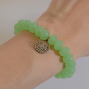 Jade Green Zen Elastic Bracelet with Brass Lotus Flower Charm